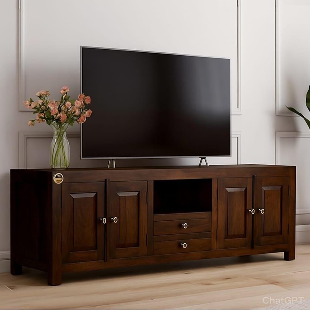 Wooden Point Sheesham Wood TV Stand and Shelf Storage Entertainment Unit Center Console TV Table Wooden Tv Cabinet for Living Room Home (Dark Walunt)