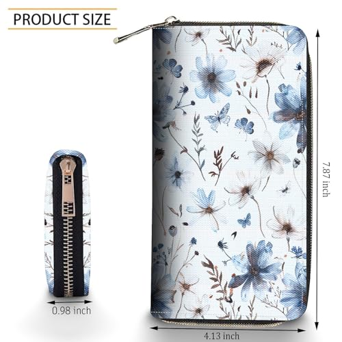 Bxgolkgd Womens Wallet, RFID Blocking Leather Wallet,Large Capacity Wallet Credit Card Holder PU Leather Ladies Clutch with Zipper Coin Pocket - Blue White Floral2
