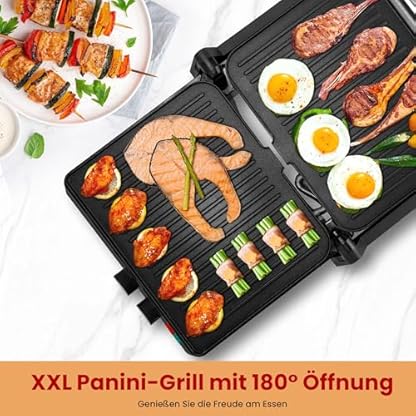 Pukomc Kontaktgrill, 1800W Contact Grill Plattengriller mit Antihaftbeschichtung, 60 Minuten Timer, 180º Öffnung，Sandwiches、 Steak und als Panini grill – Bild 6
