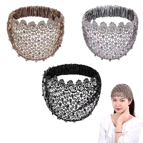 KICPUK 3 Stück Damen-Vintage Spitzenspitze Kopfbinde Eleganter Perlenschmuck Breit Haarband für den täglichen Gebrauch Mode-Stirnbänder, Hochzeiten und besondere Anlässe