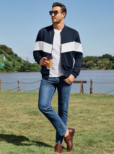 Image of Men's Lightweight Varsity Jacket Casual Bomber Jacket Stylish Color Block Coat