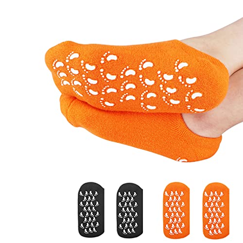 (4Pc) Moisturizing Socks,Heel Spa Socks, Soft Gel Socks Inner Lining Infused With Essential Oils And Lotions -Best For Cracked Heel,Rough Calluses,Soften Dry Feet/For Women & Men. (Black & Orange) #TOP12