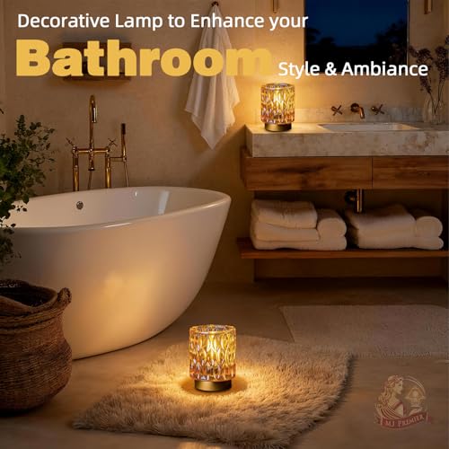 Battery Operated Table Lamps Timer, Mini Crystal Lamp for Area No Plug, Cordless Lamp with LED Bulb for Power Outage, Decorative Lamps for Tabletop/Corner/Entryway/Stairway/Bathroom/Fireplace(2*AMBER)