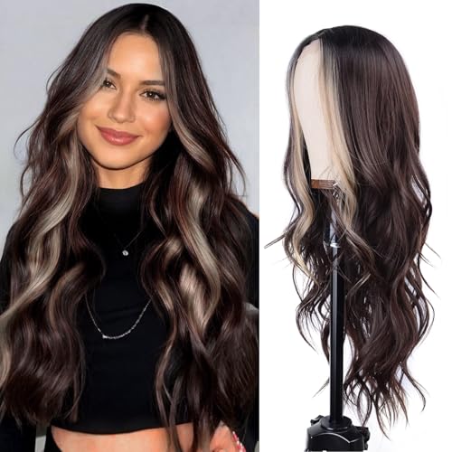 T-color Long Brown Mix Blonde Wavy Wig for Women 26