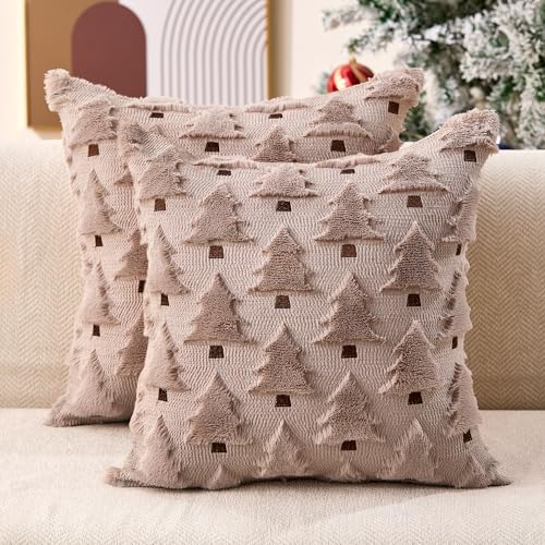 Image of Allorry Christmas Pillow Covers 18x18 inch Set of 2 Grey Christmas Decorations Soft Plush Faux Fur Wool Christmas Tree Throw Pillow Cases Winter Holiday Decor for Sofa Living Room PT002I18