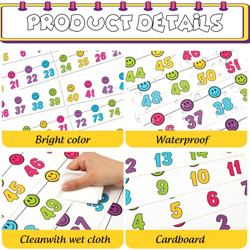 Image of Whaline 32 Pcs Retro Number Line Bulletin Board Rainbow Color Smile Face Number Line Boarder Strips Math Borders for Back to School Home Classroom Wall Decor