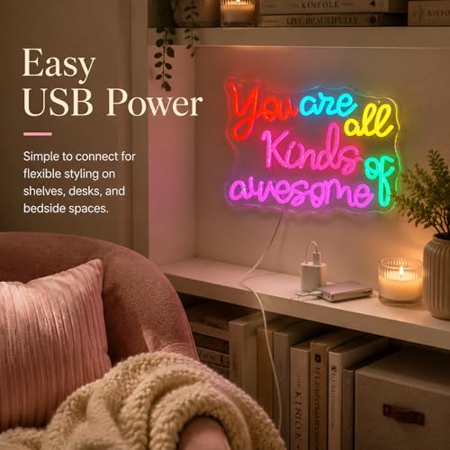 Image of inchYou Are All Kinds of Awesome inch Classroom LED Neon Sign | Classroom neon sign,14.6 inch x 10.8 inch, Wall Decor, Positive Affirmation Light, Girls' Bedroom & Dorm, Self-Care Aesthetic