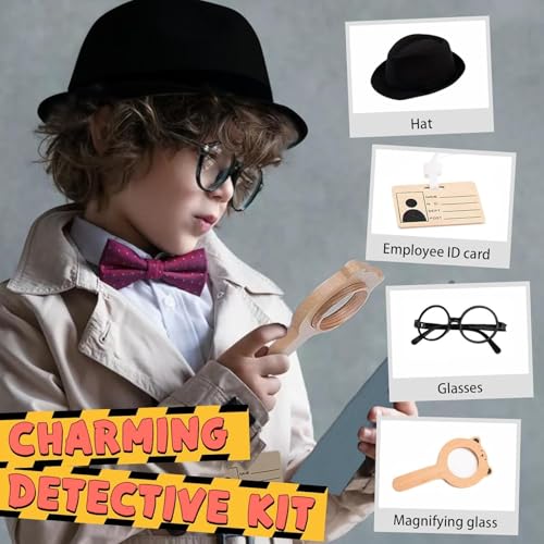 Image of Wudly Wooden Kids Detective Role Play Set - 15 Pieces Fancy Dress for Boys with Case File, Evidence Markers, Wooden Tools, and Costume Accessories, Detective Set, Costume for Kids