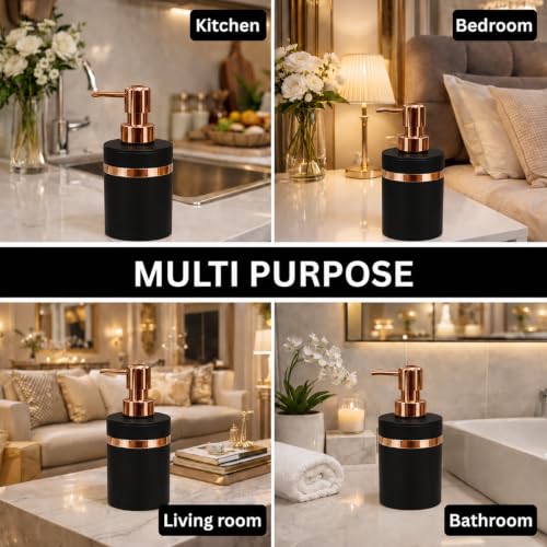 Image of Luxe Home International Rosegold & Black Plastic Soap Dispenser for Bathroom and Kitchen Sink Leak Proof Liquid Hand Wash Round Bottle Lightweight Smooth Finish (16x8 cm Rosegold & Black) Pack of 1