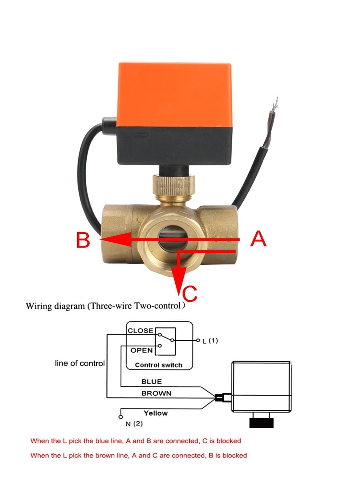 Vanne à Boisseau sphérique motorisée à 3 Voies, DN15 DN20 DN25 DN40, 220V 12V 24V 3 Fils 2 Commandes vanne à Boisseau sphérique électrique en Laiton (Size : DN20, Color : 220VAC)