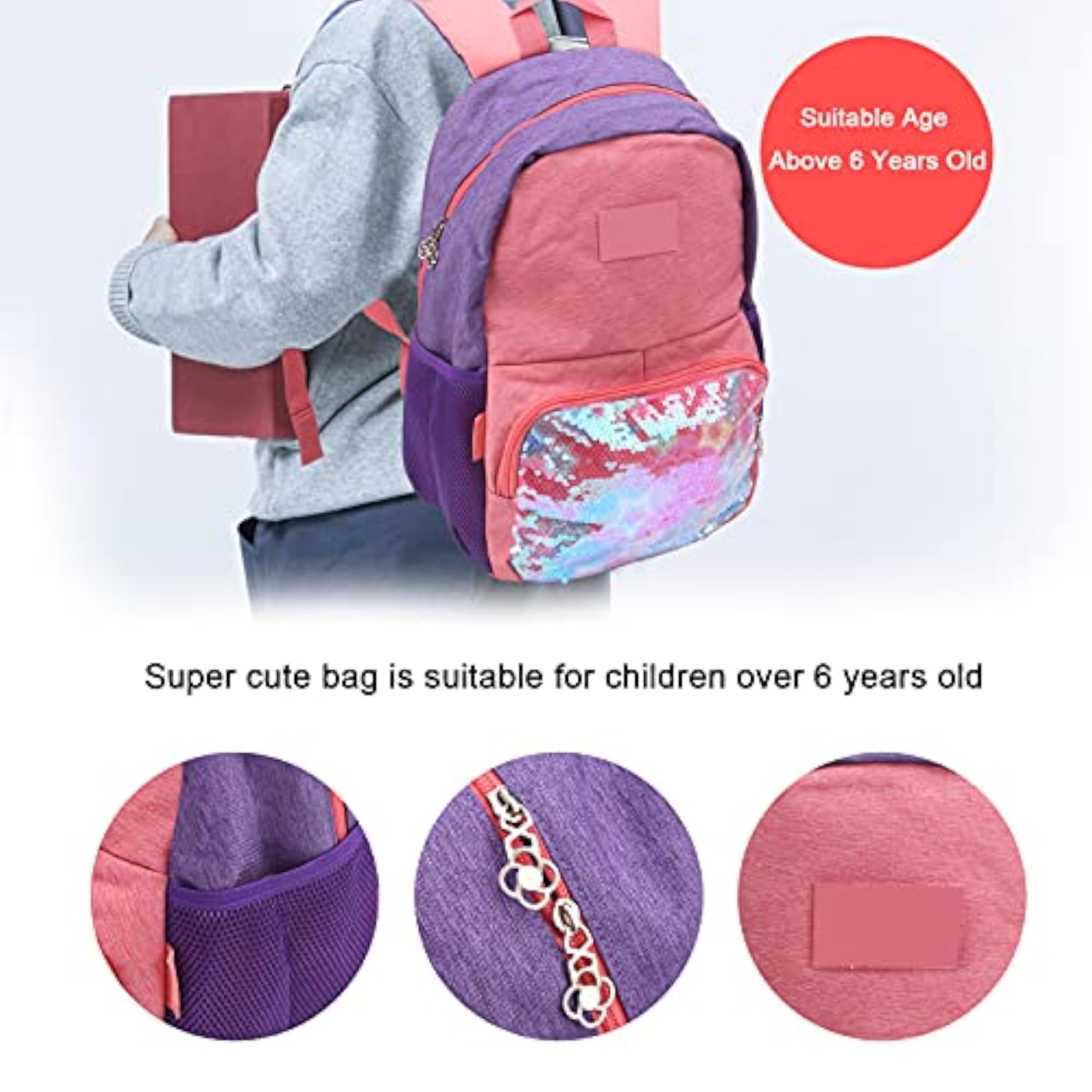 Adjustable Shoulder Straps Sequins Backpack, Purple/Salmon Red