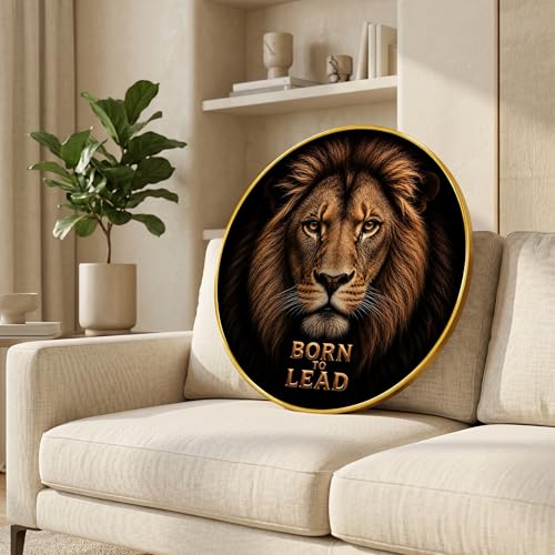 Image of SAF Lion Born to Lead Round Wall Painting with Premium PVC Golden Frame, Motivational Wildlife King Art for Living Room Office Bedroom Home Decor Gift (12 x 12 Inch) GRS-458