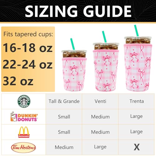 Image of YR Reusable Neoprene Insulator Sleeve for Iced Coffee Cups, 3 Pack Coffee Coolies sleeves for Iced & Hot Drinks, Cold Beverage Cooler Compatible with Starbucks Coffee and More (Cute Bows)