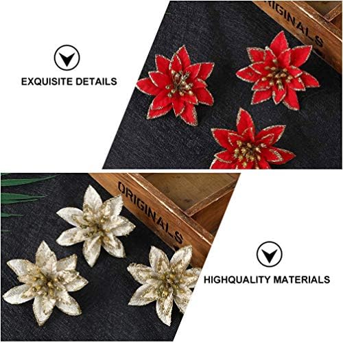 NUOBESTY 24pcs Artificial Christmas Flowers Decorations Xmas Tree Ornaments Poinsettia Flowers Picks Gold Glitter Artificial Christmas Flowers for Christmas Tree Wreaths Garland 8cm Gold Red
