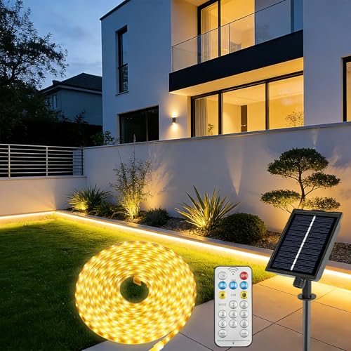 Ylatoial 10M Solar LED Streifen Außen 640 LED Strip IP68 Wasserdicht Dimmbar mit Fernbedienung 8 Leuchtmodi & Timer Wiederaufladbar für Balkon Garten Terrasse Warmweiß