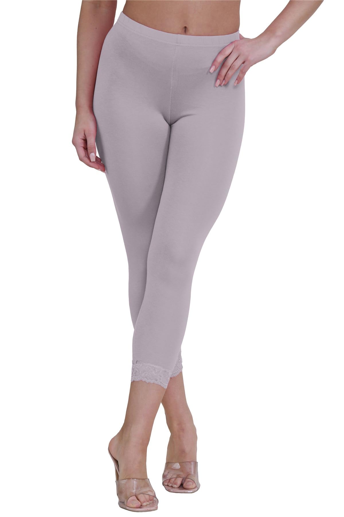 Hamishkane Women's Mocha Plain Lace Trim Stretchy 3/4 Length Capri Jegging Crop Leggings Pants