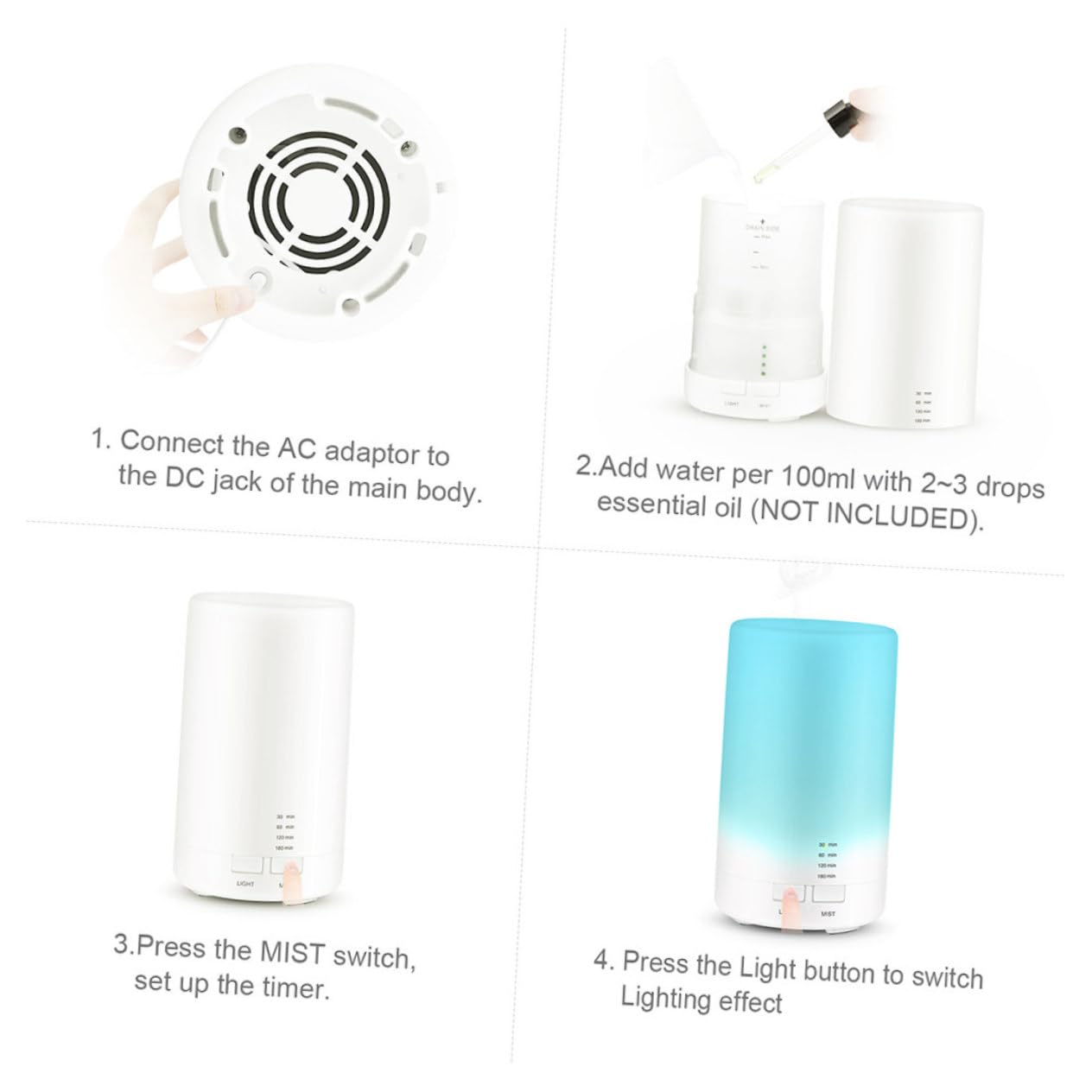 Difusor de Aceites Esenciales USB Silencioso 70ml, PP Blanco
