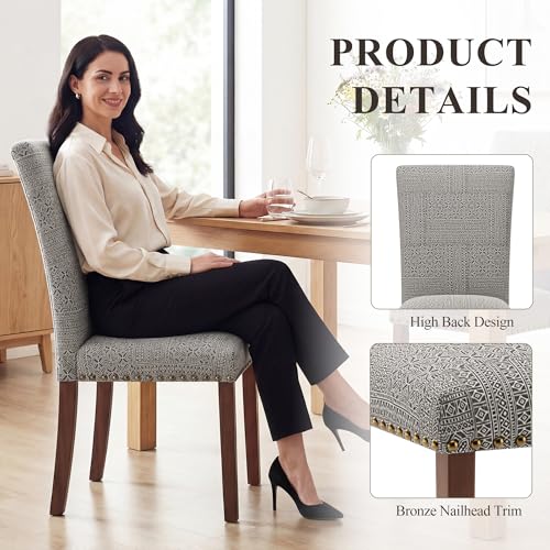 Image of COLAMY Upholstered Parsons Dining Chairs Set of 6, Fabric Dining Room Kitchen Side Chair with Nailhead Trim and Wood Legs - Boho