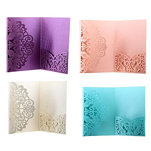 Wedding Invitation Cards,10pcs Laser Cut Floral Design Invites Pocket for Bridal Showers, Engagement Parties, Includes Covers, Blank Inserts (Beige) - Thumbnail 4