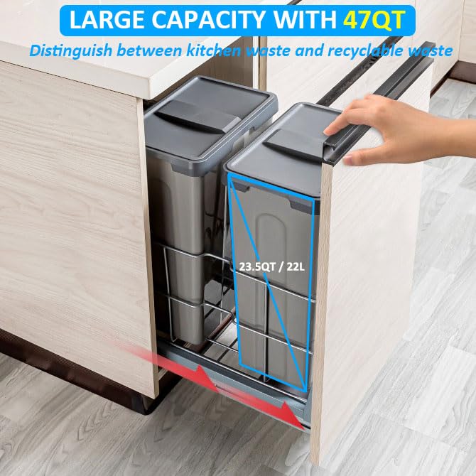 Miniatura 3 de HANKEY Cubo de basura extraíble debajo del gabinete, contenedor doble de 47 cuartos de galón, contenedor de basura de cocina con cierre suave, tapa