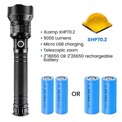 CAMTOA LED Flashlight 90000 Lumens 26650 USB,High Lumen Zoomable Water Resistant Camping,3 Modes Searchlight for Outdoor Home Everyday Flashlights