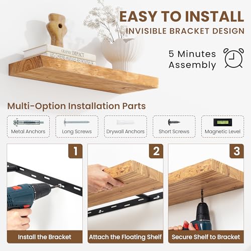 Image of Acovy Extra Deep 40 inch Long Live Edge Rustic Floating Shelves for Wall, Solid Wood Wall Shelves with Invisible Bracket Mount for Living Room Bathroom Bedroom Kitchen, Set of 1, Natural