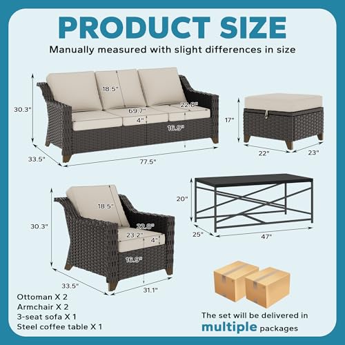 Image of 6 Pieces Outdoor Conversation Furniture Set - 77 inch Patio Sofa, 2 Armchairs, 2 Ottomans, 1 Metal Table, Patio Wicker Couch Set with Washable Cushions for Swimming Pool (Beige) | Patio Chair Set with Olefin Removable Cushion, All-Weather Outdoor Couch with Deep Seat for Porch, Deck and Backyard, Beige