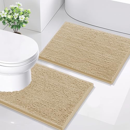 Image of Smiry Bathroom Rugs Set 2 Piece, Soft Absorbent Chenille Bath Mat and U-Shaped Toilet Rug Set, Non Slip Shaggy Bath Carpet for Tub, Shower and Floor (24x16+24x20, Beige)
