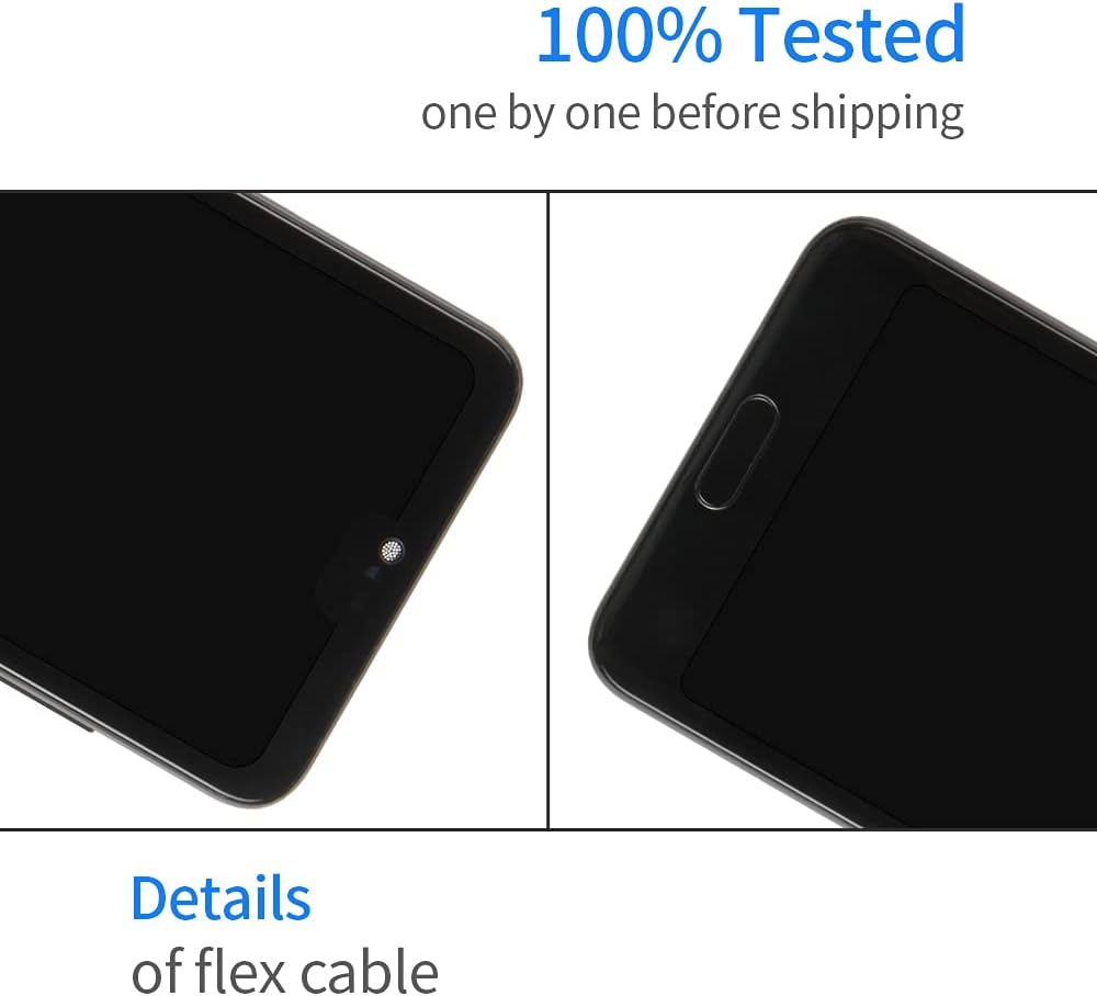 Close-up image detailing the flex cable connections and the front camera/earpiece area of the screen assembly.