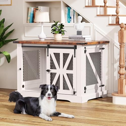 Hundekäfig Möbel, Dreitüriger Hundekäfig, 100 cm Holzhundebox, Schiebetüren, Modernes Hundezimmer für den Innenbereich, für Kleine und Mittelgroße Hunde, Verstärkte Konstruktion, 100x65x67cm, Weiß