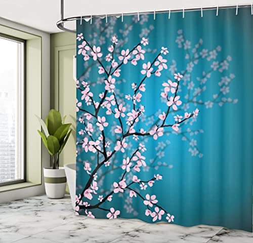 ABAKUHAUS Japanese Shower Curtain, Spring Season Sakura Bloom Design Marine Toned Ombre Background, Cloth Fabric Bathroom Decor Set with Hooks, 86 Inches Extra Long, Petrol Blue Pale Pink - Image 4