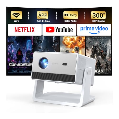 Image of 1500 ANSI Smart Projector, Portable Projector with WiFi and Bluetooth, HAPPRUN 4K Full HD Home Theater with 270° Stand, Dolby Sound, Built-in Apps,Compatible with Phone & PC, Indoor & Outdoor Use
