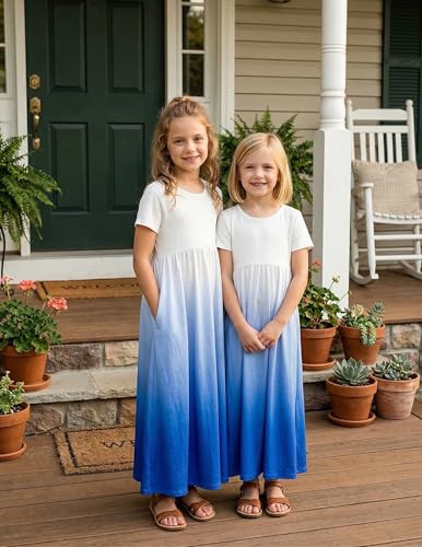 Image of Arshiner Girls Maxi Dress Long /Short Sleeve Casual Holiday Dress with Pockets for 5-13 Years