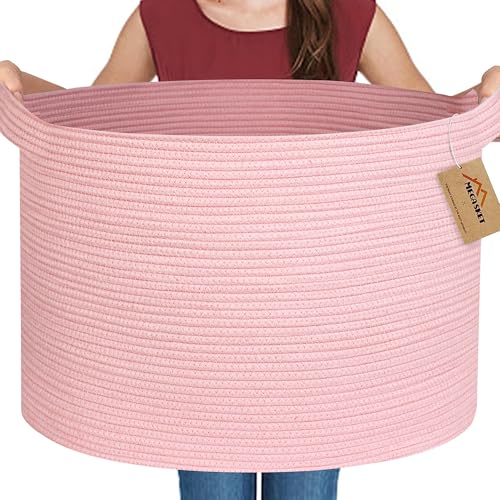 Image of MEGASKET Extra Large Pink Basket, 22 inchx22 inchx14 inch Woven Cotton Rope Bin with Handles, Blanket Storage for Living Room, Baby Kids Toy Storage Bin Box, Wicker Laundry Basket, Pink Room Decor Organizing