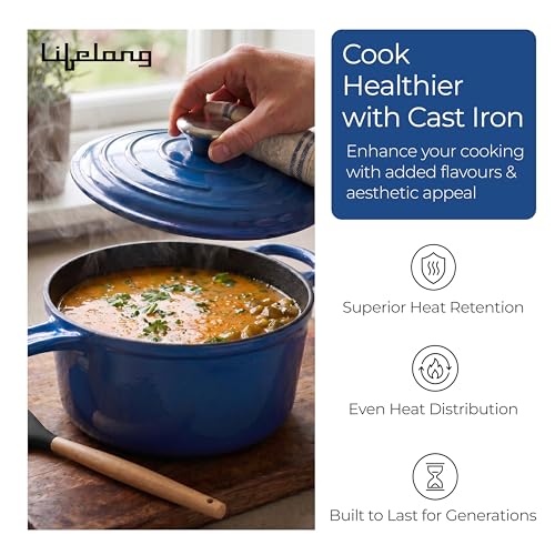 Image of Lifelong Enamel Cast Iron Saucepan with Lid (1.9L, 20cm) | Oven, Gas & Induction Compatible | Slow Cooking, Even Heat Distribution, Non-Toxic, Durable, Naturally Nonstick, No Stains or Scratch (Blue)