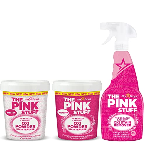 Stardrops - The Pink Stuff - The Miracle Laundry Stain Removing Kit - Oxi Powder Whites - Oxi Colors - Oxi Stain Spray (1 Whites Powder 1 Colors Powder 1 Stain Remover) 3 Piece Set (PSLWCS)