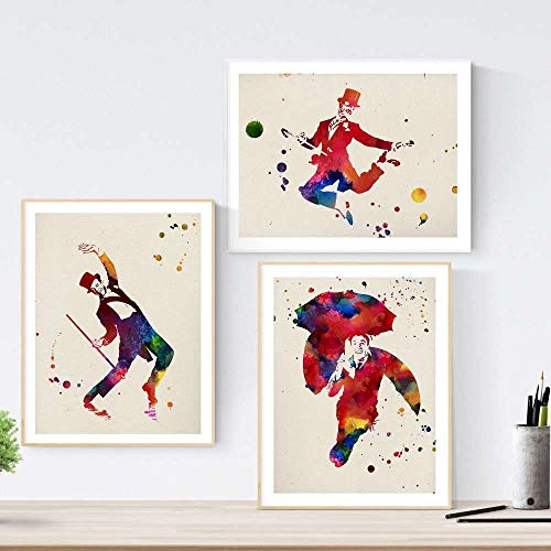 Nacnic Set de 3 láminas para enmarcar Cine Clásico estilo acuarela. Posters con imágenes de Fred Astaire, tamaño 30x40 cm. Decoración de hogar