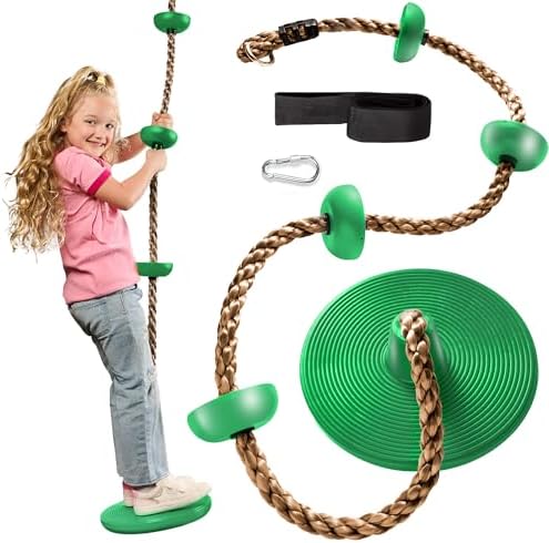 Jungle Gym Kingdom Tree Swing for Kids – Single Disc Seat and Brown Climbing Rope Set w/Carabiner and 4 Foot Strap – Treehouse and Outdoor Playground Accessories – Green