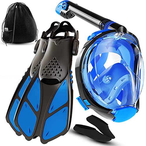 Cozia Design Snorkel Set With Snorkel Mask Swim Fins Included Free Breathing Snorkel Mask Full Face 180 Panoramic View Full Face Snorkel Mask And Open Heel Snorkel Fins Blue Large #TOP26