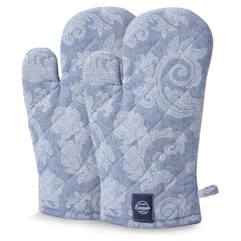 Encasa XO Oven Gloves Heat Resistant | Microwave Cooking Mittens for Baking & Kitchen Use | 12x7 in | Cotton Utensil Holder - Chambray Fabric (Pack of 2, Blue) Cover