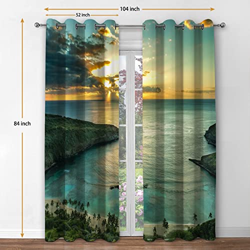 Jekeno Ocean Beach Blackout Curtains Ocean Morning Sunrise Decor for Bedroom Living Room with Hawaiian Seaside Scene Island Green Print Grommet Window Drapes 2 Panel Set, 52"x84"