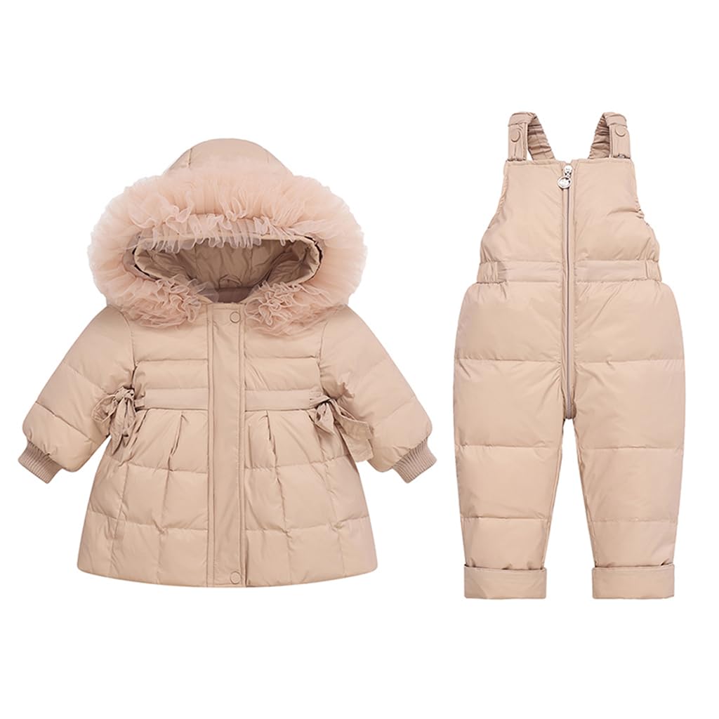 Inverno 2 Pezzi Tute da Neve per Bambini Piumino con Cappuccio + Pantaloni da Neve con Tasca Tuta da Sci per Bambino Abbigliamento Completo Cachi 3-4 Anni