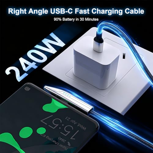 Image of Verilux 240W Right Angle Type C Cable Fast Charging with LED Indicator, 1.8M /5.9FT PD 3.1 C Type Charger Cable with 480Mbps Data Sync Support for iPhone 17 /17 Pro /17 Pro Max /16 /15, Galaxy S26 /S25 /24