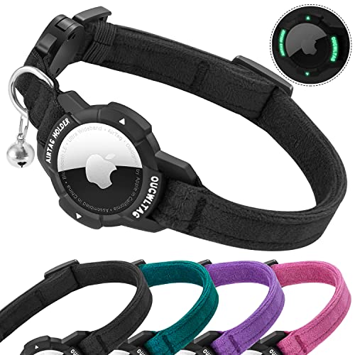 OUCWLTAG - Collar luminoso para gatos con GPS y soporte para Apple AirTag, collares rastreadores de gatos con banda elástica de seguridad para gatos, gatitos y cachorros (7-10 pulgadas, negro)