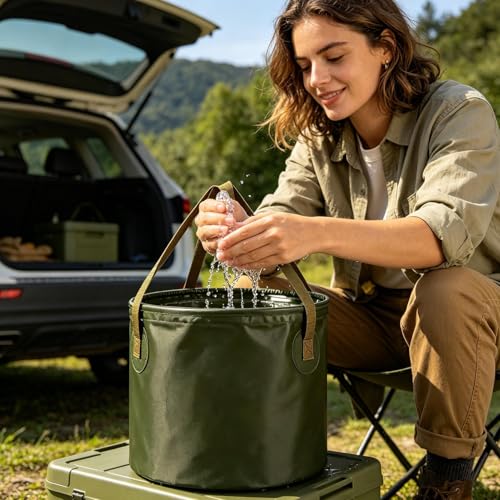 Cubo de camping plegable y bañera portátil con asa para ducha y cocina 4