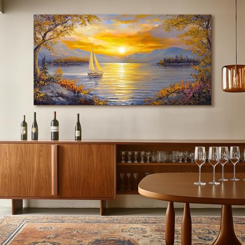 crmotu Sunset Wall Art, Sailboat Wall Art, Lake Art Wall Decor, Mountain Landscape Large Art Prints, Golden Dusk Paintings Wall Decor Living Room Bedroom Dining Room Office Decorations 30x60inch