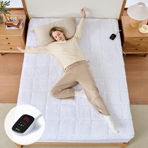 Image of Bearhug Electric Heated Mattress Pads Full Size 54x75 inch Sherpa Bed Warmer with 16 inch Deep Pocket 10 Heat Settings 12-Hour Timer Machine Washable White