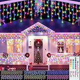 Pooqla RGB Icicle Lights Outdoor Decoration, Color Changing LED String Lights with Remote, 30FT 300LED Hanging 4th of July Red White Blue Lights for Memorial Day Roof Window Home Party Christmas Decor