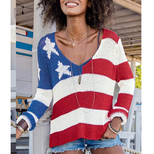 Image of Women American Flag Sweater Loose Vintage USA Sweatshirt Long Sleeve Crewneck Hollow Out 4th of July Jumper