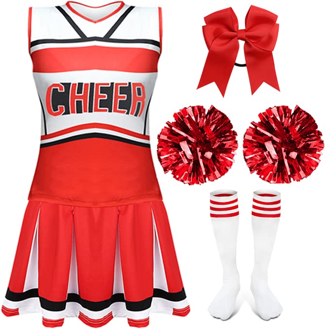 Kuberas Cheerleader Costume for Girls 4 Pieces Cheer Uniform Dress Cheerleader Pom Poms Bow Rope Striped Socks for Party